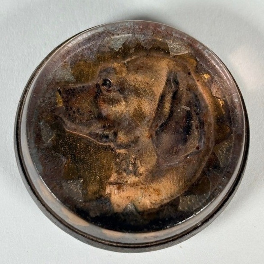 Antique Victorian Reverse Painted Glass Hunting Dog Bridle Rosette Essex Crystal